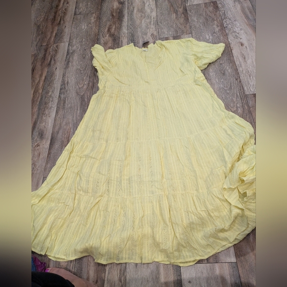 J. Jill Women's Large Yellow Pineapple Jacquard Tiered V Neck Cotton Rayon Dress - Picture 4 of 5